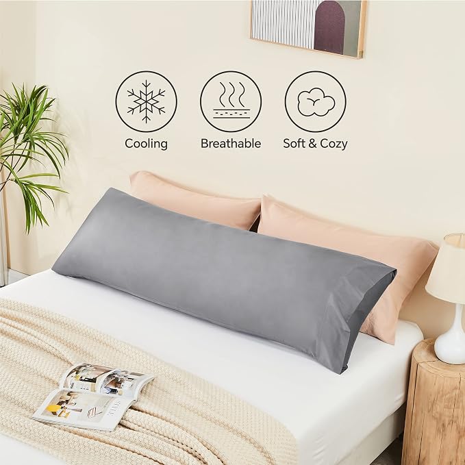 BEDELITE Body Pillow Case Cover, Rayon Made from Bamboo, Cooling Body Pillow Cover for Hot Sleepers and Night Sweats, Breathable & Silky Soft Full Long Pillow Case (Silver Grey, 20x54 Inches)
