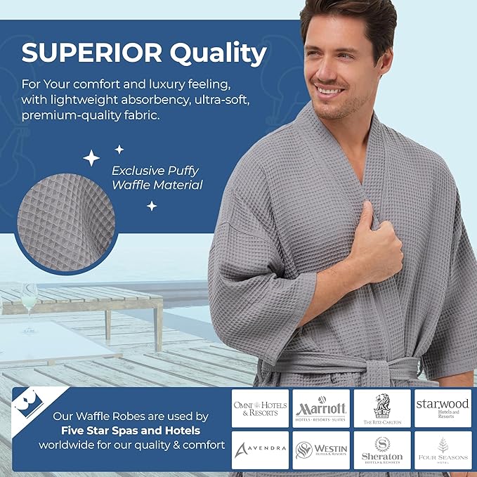 MONARCH Unisex Square Waffle Spa Kimono Robe – Soft Lightweight Fabric & Generously Sized Hotel & Spa Robe with Pockets