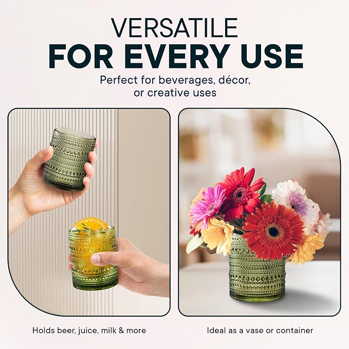 12 OZ Hobnail Drinking Set of 12 – Vintage Embossed Glassware, Textured Tumblers for Water, Beer, Cocktails, Mocktails, Whiskey & More – Includes Straws and Coasters – Green