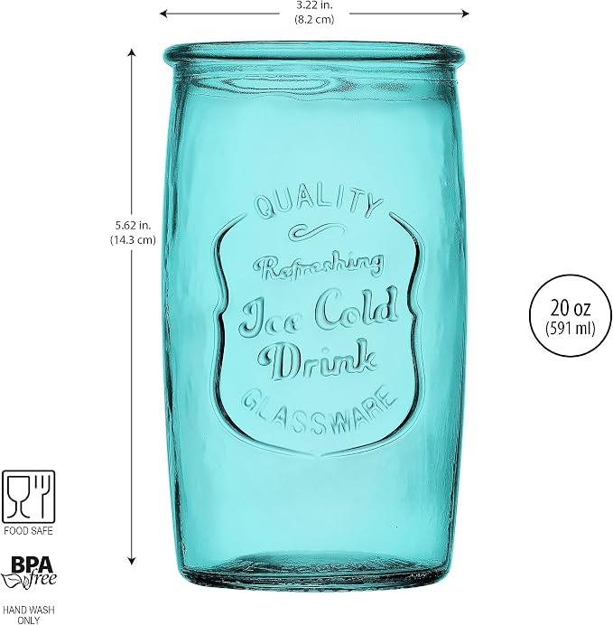 Glaver's Highball Glasses Set of 4 – 20oz Artistic Ice-Cold Pretty Blue – Vintage Glassware with Embossed Logo – Beverage Drinking Glasses for Water, Juice, Cocktails. Hand Wash.