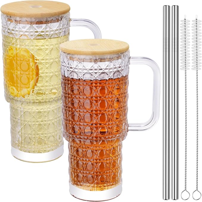 NiHome 2PCS Glass Tumblers with Handles & Bamboo Lids, 25oz/740mL Clear Glass Cups with Stainless Steel Straws, Brushes, Spill-Resistant Silicone Rings, Reusable for Iced Coffee, Juice, Water, Car