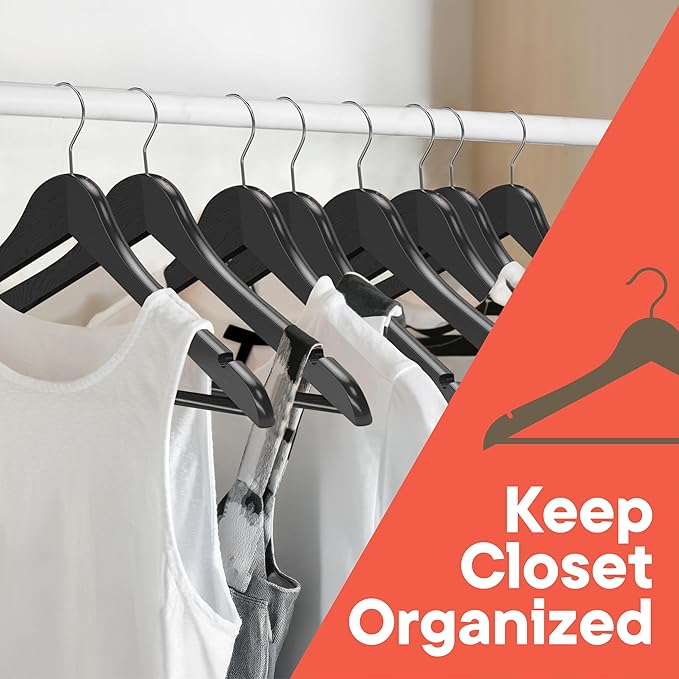 Black Wooden Hangers 80 Pack – Heavy-Duty with 360° Swivel Hook, Non-Slip, Pants Bar & Shoulder Grooves - Wooden Hangers for Suits, Jackets, Dresses & Camisoles, Space-Saving and Smooth Finish