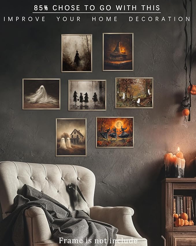 Vodefoad Retro Cute Ghost Decor Halloween Painting Spooky Silhouette Ghosts Haunted House Art Victorian Ghost Posters Pictures for Living Room, Bedroom, Bathroom, halloween Room decor - 8x10 Inch Unframed
