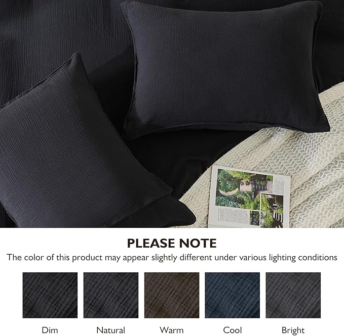 EMME Muslin Cotton Duvet Cover Set Twin Size Black Linen Like Soft Breathable Lightweight Summer Comforter Cover Set with Zipper Closure (Black, Twin, 68"x90")