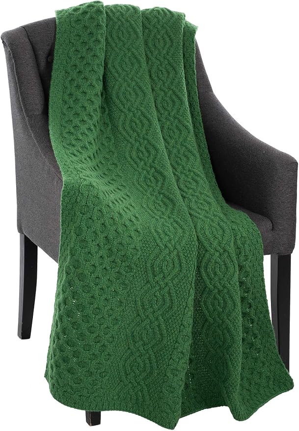 SAOL Honeycomb and Cable Knit Patterns 100% Irish Merino Wool Aran Throw/Blanket 60 x 40 inches (Green)