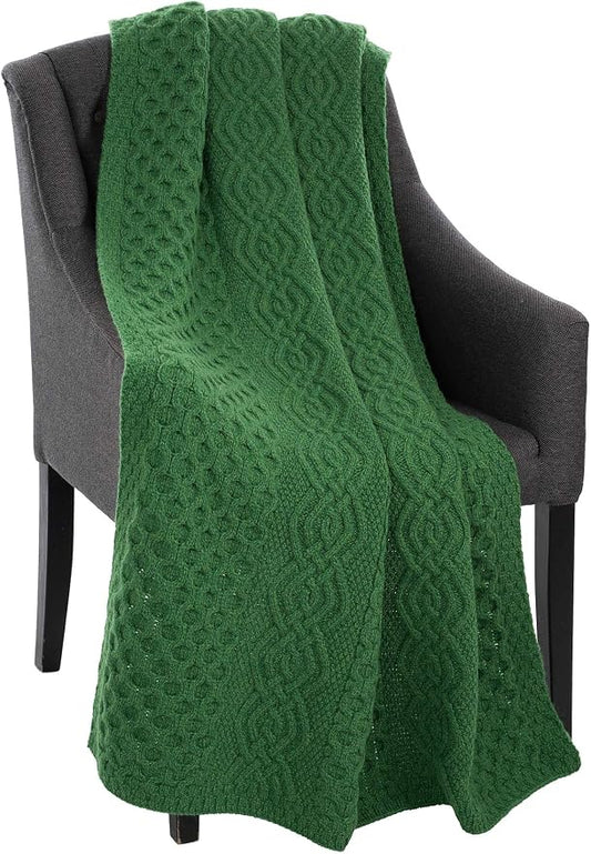 SAOL Honeycomb and Cable Knit Patterns 100% Irish Merino Wool Aran Throw/Blanket 60 x 40 inches (Green)