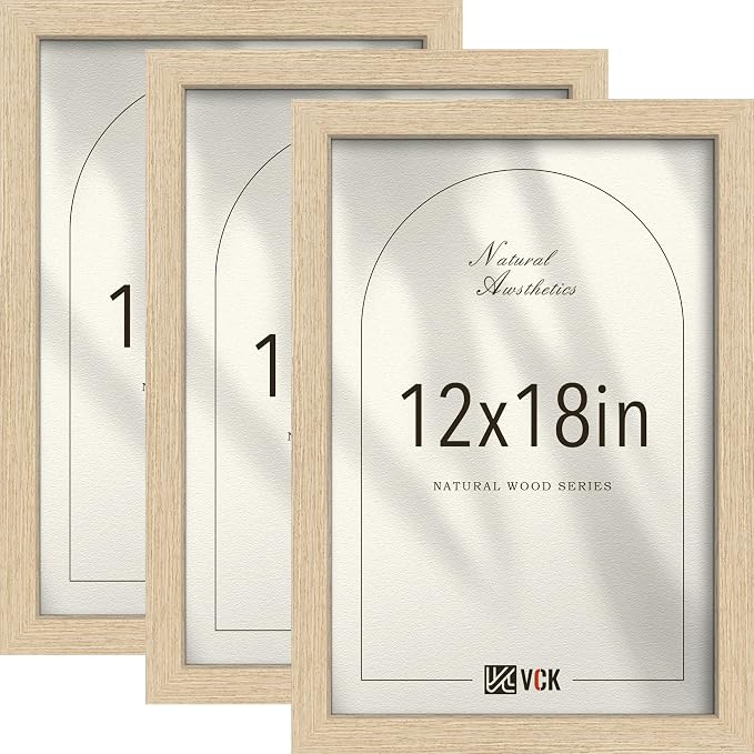 VCK 12x18 Picture Frame 3 Pack - Natural Oak Wood Solid Poster Frames, Textured Exclusive Wood Wall Gallery Frame