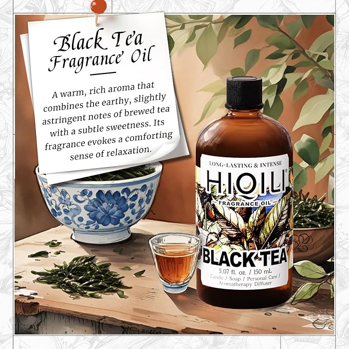 HIQILI Black Tea Fragrance Oil for Diffuser, Car Air Freshener - 5.07 Fl Oz | Long-Lasting Hotel Scent, Candle & Soap Making Supplies, Pet Safe, Graduated Dropper Included