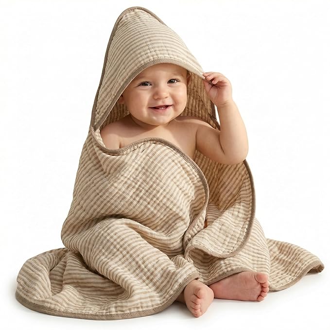 Ultra-Soft Muslin Baby Towel - 32 x 32 Inches, Ideal for Bath & Beach, Suitable for Both Boys & Girls from Newborns to Toddlers(Warm Brown Striped)