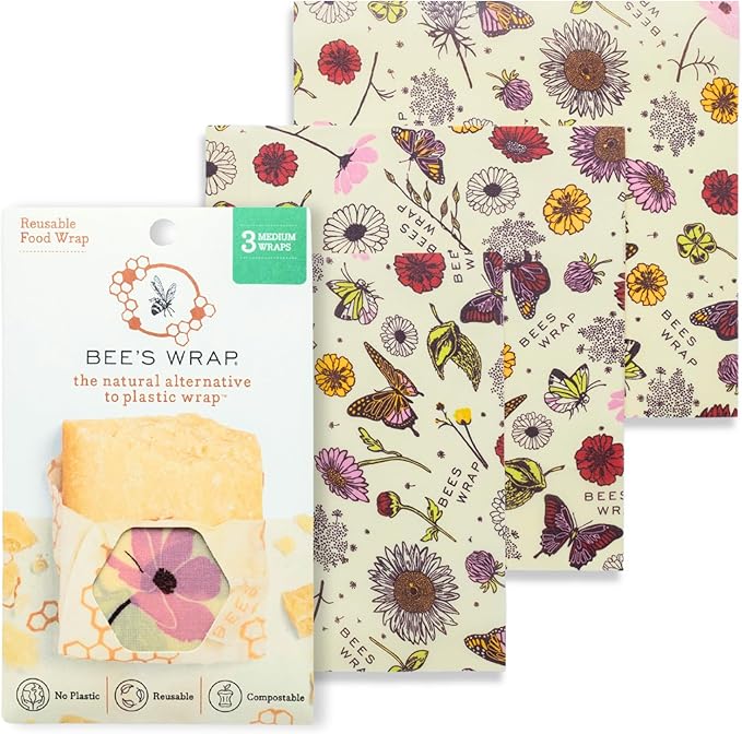 Bee's Wrap Beeswax Wraps for Food - 3 Pack of Medium Beeswax Wraps - Plastic Free Made in USA Reusable Natural Food Wrap - Meadow Magic Print