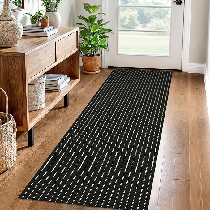 EARTHALL Washable Runner Rug 2x6 Ft Non Slip Runners for Hallways Cotton Rubber Backed Kitchen Runner Braided Indoor Floor Carpet Runners for Entryway, Hallway, Kitchen, Bedroom, Black/Cream