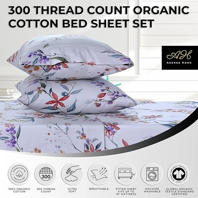 AZORES HOME Queen Organic Cotton Sateen Sheet Set - Deep Pocket, 300 Thread Count, 4-Piece Luxury Bedding, Estella Multicolor