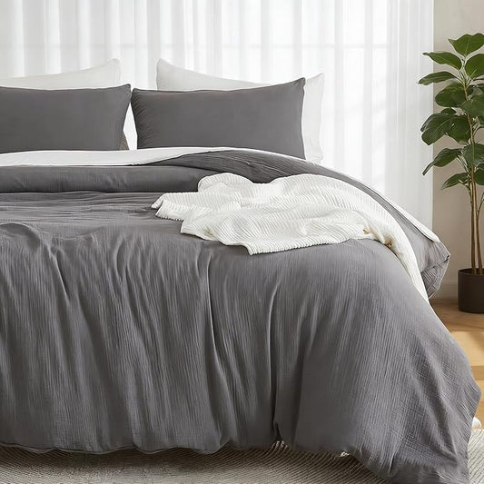 EMME Muslin Cotton Duvet Cover Set Dark Grey King Size Linen Like Soft Breathable Lightweight Summer Comforter Cover Set with Zipper Closure (Dark Grey, King, 104"x90")