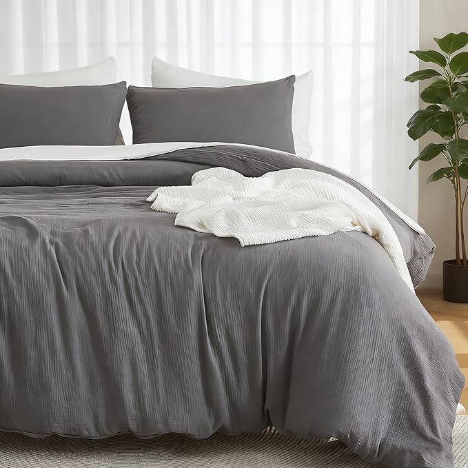 EMME Muslin Cotton Duvet Cover Set Dark Grey Queen Size Linen Like Soft Breathable Lightweight Summer Comforter Cover Set with Zipper Closure (Dark Grey, Queen, 90"x90")