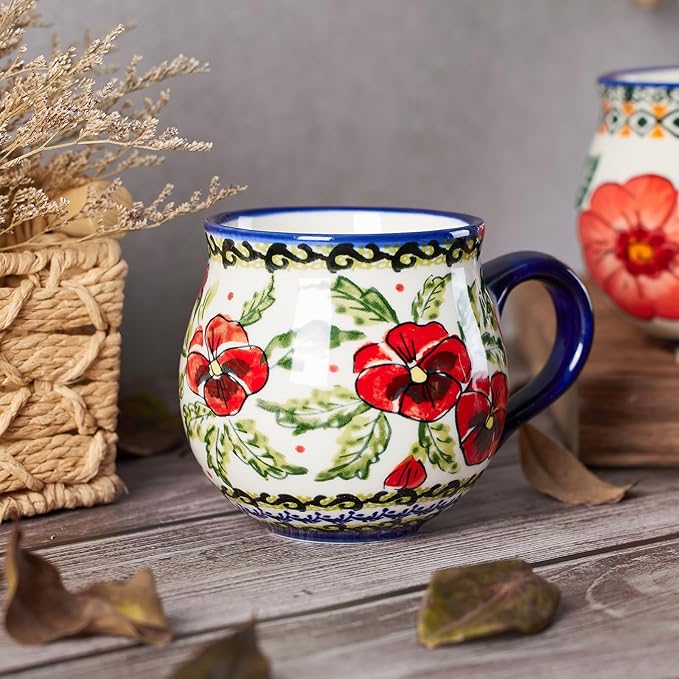 13oz Ceramic Coffee Mug, Hand-Painted Floral Polish Pottery Style Cup, Large Stoneware Tea Mug with Handle, Microwave & Dishwasher Safe (Flower A)
