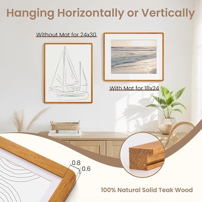 Fun Memories 24x30 Poster Frame with Mat for 18x24 - Solid Teak Wood Photo Frame, Rounded Corner 24 x 30 Wooden Frame Matted to 18x24 Photo, 24 By 30 Wood Frame with Tempered Glass, Natural Teak