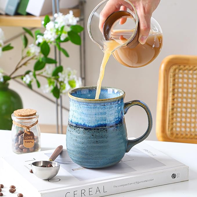 23 oz Large Ceramic Coffee Mugs, Handmade Cup with Large Handle, Big Tea and Coffee Cups for Office and Home, Microwave and Dishwasher Safe (Blue Grey)