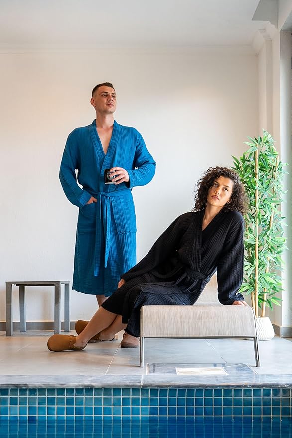 Muslin Unisex Bathrobe Women & Men, 100% Cotton Kimono Lightweight Robe | Long Robes Soft, Absorbent, Spa robes