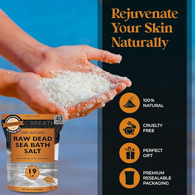Aromasong Raw Dead Sea Bath Salt - Minimally Cleaned, Contains More Dead Sea Minerals Including Dead Sea Mud - 100% Pure & Natural Dead Sea Salts for Soaking 19 LB - Bulk Resealable Pack