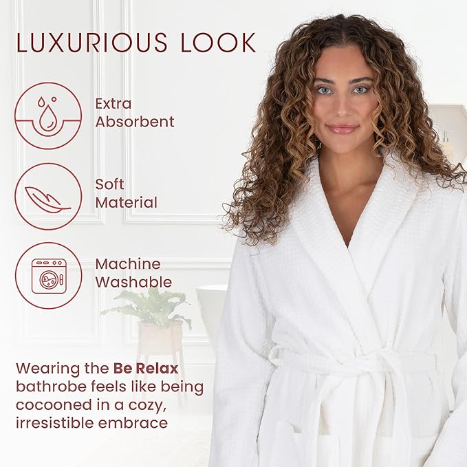 Be Relax Bathrobe for Women - Full Length Terry Cotton Robe with Shawl Collar and Hood, Warm and Cozy Robe with Belt & Pocket