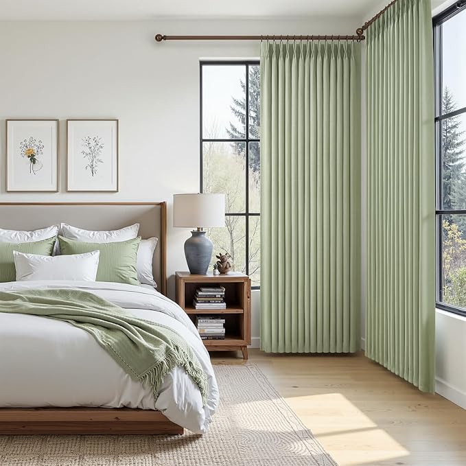 PleatedDrapes Memory Shape Pinch Pleated Blackout Curtains for Nursery 90 Inches Long, Linen Double Layer Light Green Noise Cancelling Insulated Modern Windows Drapes for Kids Room Back Tab 2 Panels