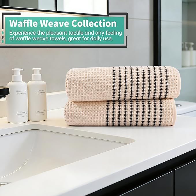 MICROFI New Microfiber Waffle Bath Towels, 2 Pieces, Soft, Absorbent, Fast Drying, Lint Free 430 GSM (Champagne Striped)