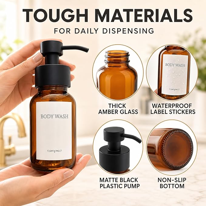 2Pcs Amber Glass Foaming Soap Dispenser - 8.5 oz Amber Glass Soap Dispenser with Pump, Compatible with Hand Soap, Dish Soap, Shampoo and Gel, Durable, Stylish & Refillable for Bathroom and Kitchen