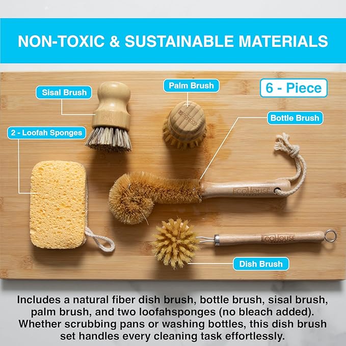 ECOHOUSE SUPPLY™ Bamboo Dish Brush Set – 6-Piece Natural Fiber Kitchen Brush Set with Loofah Sponges (No Bleach), Sisal & Palm Scrubbers – Non-Toxic, Eco-Friendly, Plastic-Free Dish Cleaning Brushes.