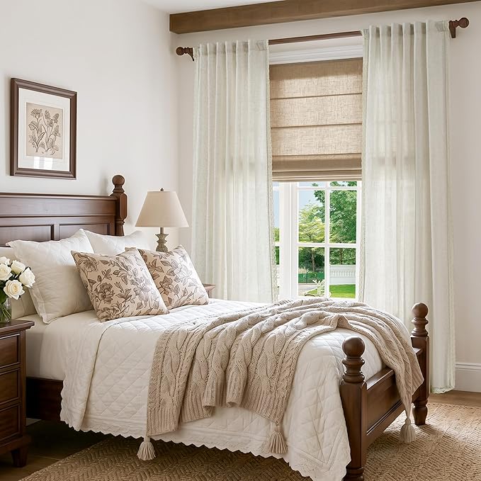 jinchan Linen Curtains for Living Room Bedroom Light Filtering Semi Sheer Curtains Boho Farmhouse French Country Cottage Core Decor Window Drapes Back Tab 96 Inch Length Laced Beige