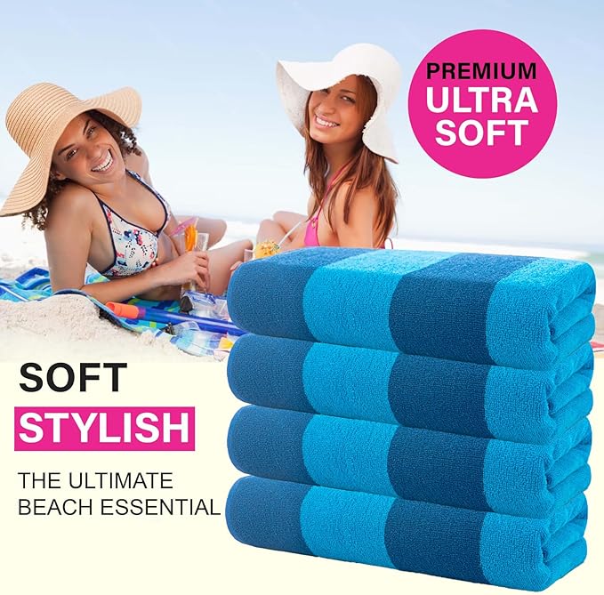 CASA COPENHAGEN Malibu Towel 4Pcs Navy Designer Stripe Beach Towels Gift Set, 30"x60" Oversized 100% Cotton Pool Bath Towel for Beach Gift Set (Perfect Summer Gift Set for Women & Men)