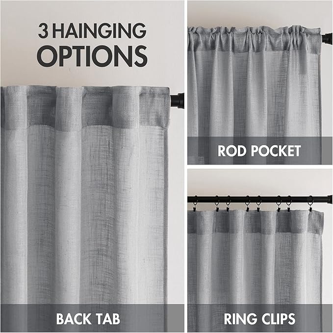 MIULEE Grey Linen Curtains 72 Inch Length for Bedroom Living Room, Soft Thick Linen Textured Window Drapes Gray Semi Sheer Light Filtering Back Tab Rod Pocket Burlap Look Decor, 2 Panels