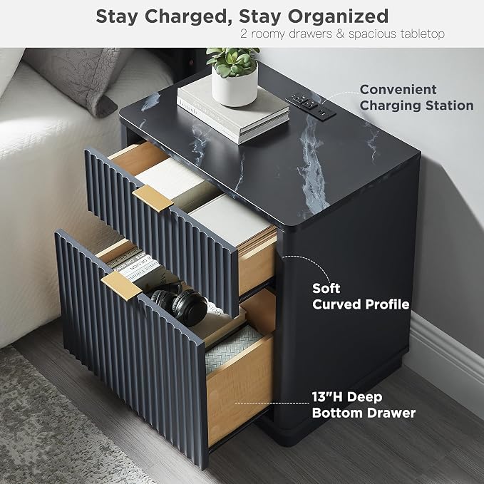 T4TREAM 23'' Fluted Nightstand with Charging Station, Large 2 Drawer Side Table, Modern End Table with Storage, Mid Century Bedside Table for Bedroom, Living Room, Curved Profile, Dark Grey