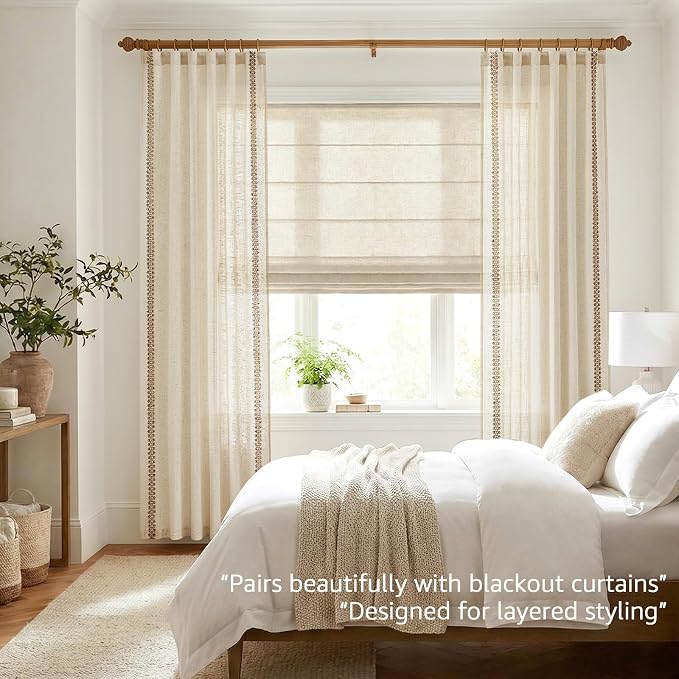 jinchan Beige Linen Blend Curtains with Woven Trim Boho Curtains 90 Inches Length 2 Panels for Living Room Bedroom Light Filtering 50 Inches Wide Rustic Farmhouse Drapes with Rod Pocket Back Tab Ecru