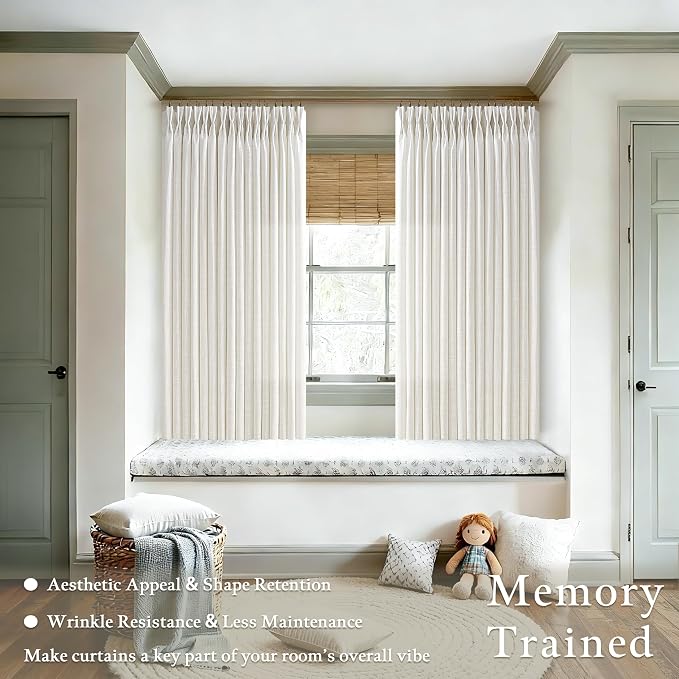 Pinch Pleated Linen Curtains 54 Inch Long for Kitchen with Rings Hooks Back Tab Light Filtering Boho Farmhouse Short Semi Sheer 54 Inch Cream Curtain for Dining Room Bedroom Small Window W50xL54