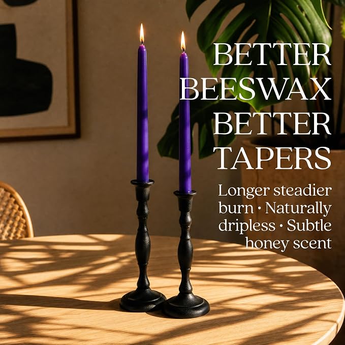 Bluecorn Beeswax Taper Candles, 100% Pure Natural Bees Wax, Pair of 12 Inch Purple Tapered Candlesticks, Clean Burning & Dripless, Fragrance Free, Long Lasting, Home Decor, American Made, 1 Count