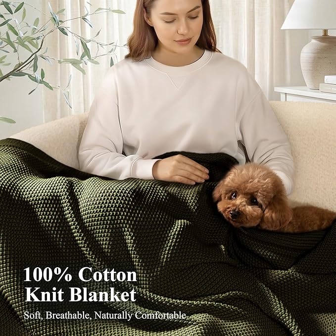 100% Cotton Cable Knit Throw Blanket, Large Lightweight Soft Knit Blanket for Sofa Couch Bed, Breathable All-Season Throw, Cozy Decorative Blanket, 60 x 80 Inch,Olive Green