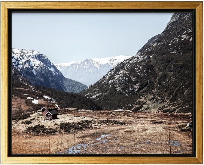 Monem Art Scandinavian Mountain Cabin Landscape Photography Print - Nordic Nature Scenic Art Poster - Wall Decor for Living Room, Bedroom or Office - 8x10 Gold Framed CANVAS by Mareike Bohmer