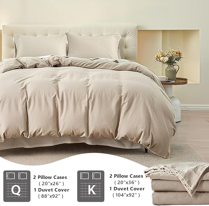 QKTE French Linen Duvet Cover Set, 3 PCS Natural French Flax Beige Duvet Cover Queen Size, Breathable Soft Comfy Linen Bedding Comforter Cover with 2 Pillowcases(Beige, 88" x 92")