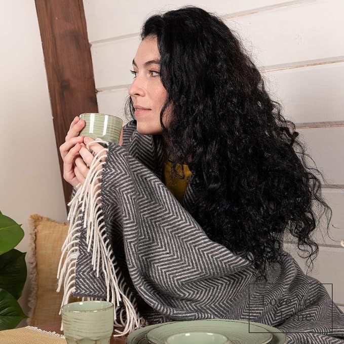 LYHome Merino Wool Blanket - Warm Throw for Cold Weather, Warmest Travel Outdoor Camping Blankets, Picnic Army and Military Throws, Comforter Soft & Cozy (55" x 79" Dark Grey with White Chevron)