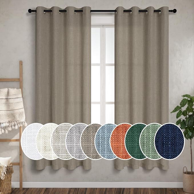 Pitalk Taupe Grey Linen Curtains 63 Inch Length for Living Room Bedroom 2 Panels Set Grommet Lightweight Semi Sheer Primitive Window Curtains 52 Inch Wide Modern Farmhouse Linen Drapes 52x63 in Long