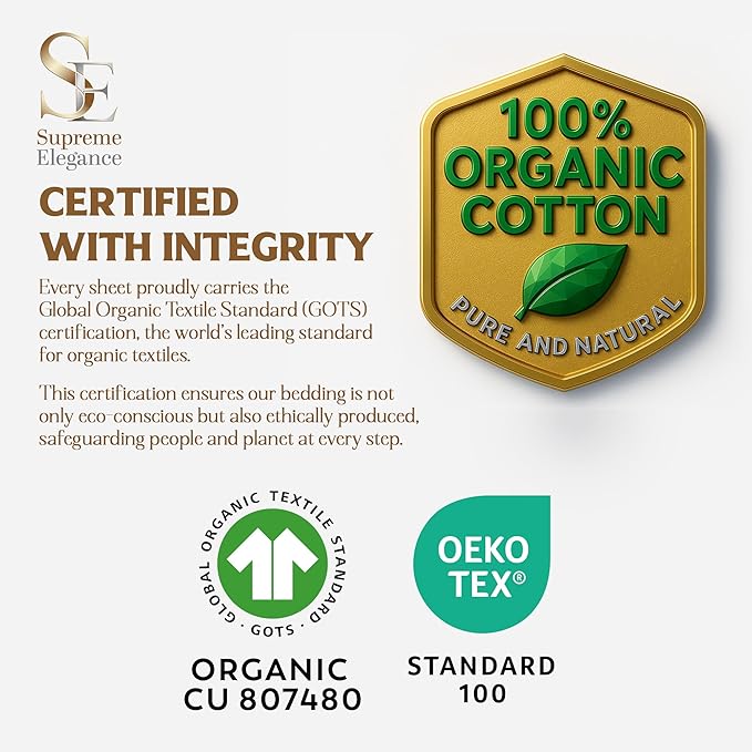 SUPREME ELEGANCE 100% Organic Cotton Full Size Sheets Set (4Pc) - Percale - Crisp, Breathable & Cooling Sheets for Hot Sleepers - Brushed for Softness - Includes 16" Deep Pocket Fitted Sheet - Silver