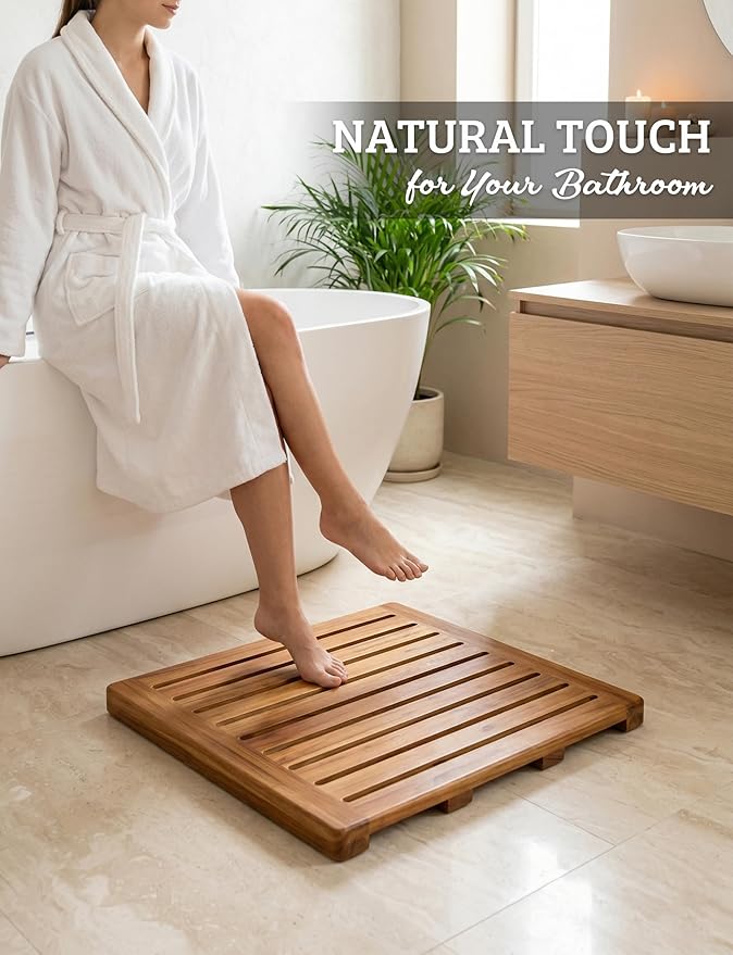 Acacia Wood Shower Mat 21x21 Inches by Demigo, Luxury Bath Mat Non Slip for Bathroom Bathtub Shower Spa Garden Home, Wooden Floor Mat Square Large for Outdoor and Indoor