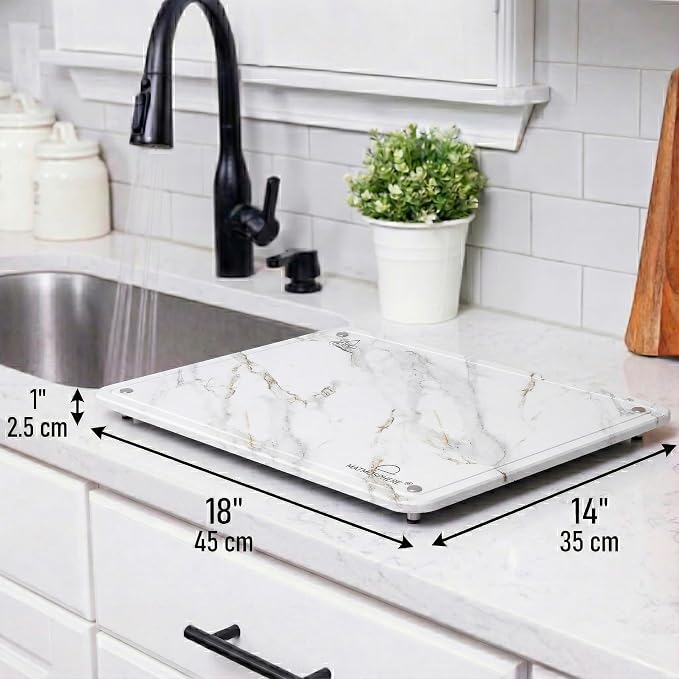 LARGE MATMOSPHERE Stone Dish Drying Mat for Kitchen Counter – Fast Absorbing Diatomaceous Mat with Stainless Steel Legs, Quick Dry, Dish Rack Mat, USA Small Business, 18”x14”, White Marble