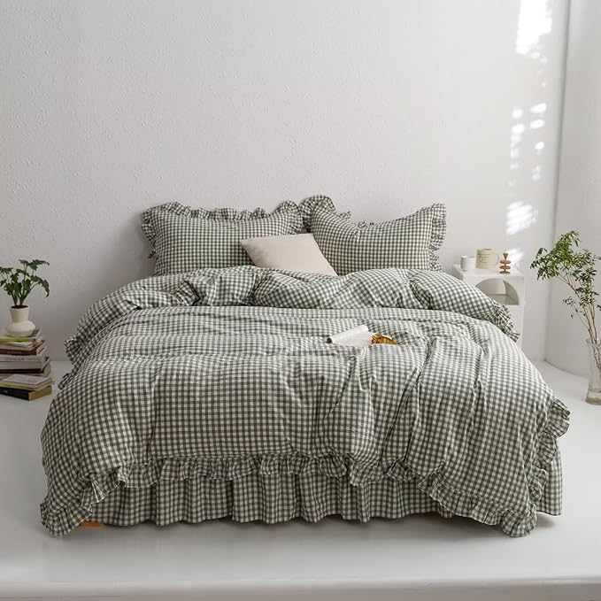 mixinni Green Gingham Ruffle Duvet Cover Queen Size 3 Pieces – 100% Washed Cotton, Vintage Plaid Ruffled Bedding Set with Zipper Ties, Soft Checkered Grid Farmhouse Chic Comforter Cover Set