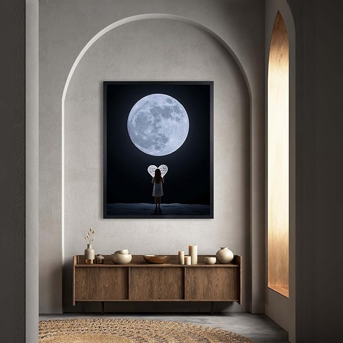 InkFlow Posters Moon and Heart Typography Poster - Romantic Night Sky Illustration - Modern Love Wall Art for Bedroom, Living Room, Home - 8x10 Unframed Canvas Print