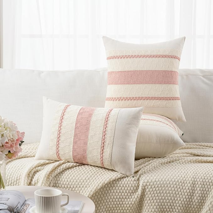 Fancy Homi Set of 2 Boho Pink Big Decorative Throw Pillow Cover 24x24 Inch for Couch Bed Bedroom, Aesthetic Modern Organic Farmhouse Room Decor, Soft Cotton Accent Macrame Woven Cushion Case
