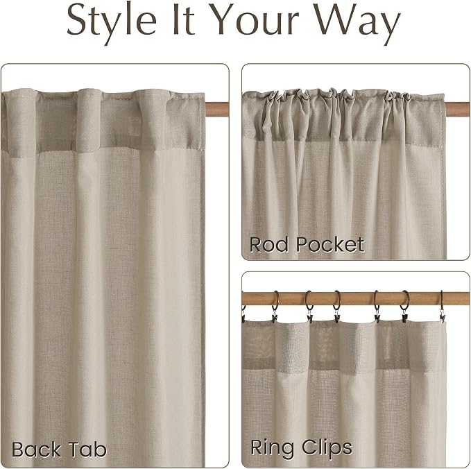NICETOWN Semi Sheer Curtains 84 inches Long, Rod Pocket & Back Tab Linen Blend Light Filtering Window Treatments Privacy Added Drapes for Living Room, Cocoa Cream, W55 x L84, 2 Panels