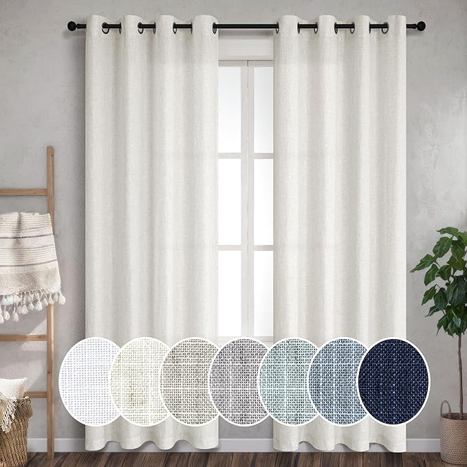 Pitalk Natural Linen Grommet Curtains for Living Room Semi Sheer Modern Farmhouse Neutral Cream Curtain Drapes Boho Living Room Curtains for Bedroom Picture Bay Window Set of 2 Panels 78 Inch Length