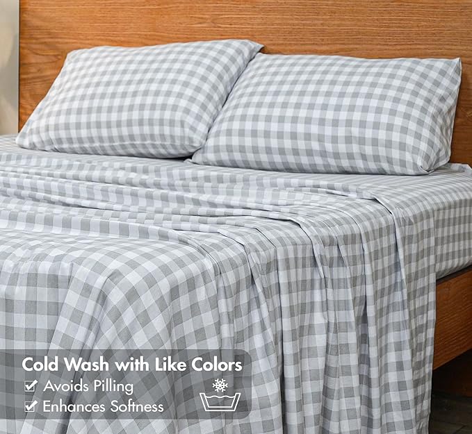 RUVANTI Flannel Sheets Full Size - GOTS Certified 100% Organic Cotton, 4 Piece Warm, Soft & Breathable Set, Deep Pocket Snug Fit, Double Brushed Cozy All Season Bedding, Open Gingham