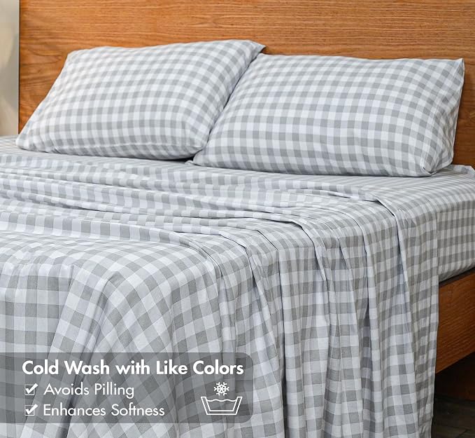 RUVANTI Flannel Sheets King Size - GOTS Certified 100% Organic Cotton, 4 Piece Warm, Soft & Breathable Set, Deep Pocket Snug Fit, Double Brushed Cozy All Season Bedding, Open Gingham